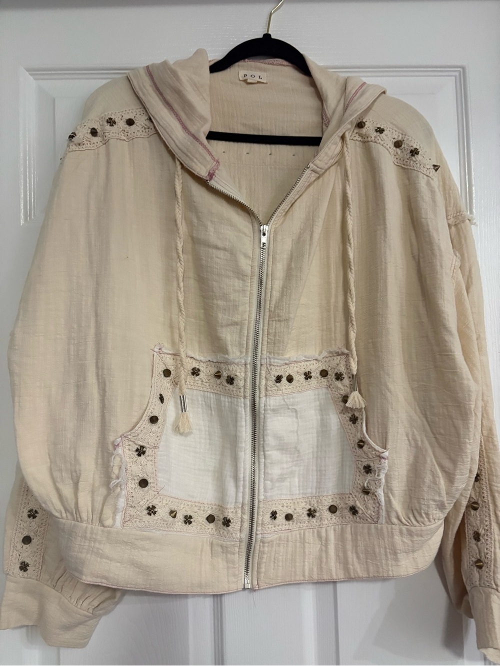 POL Cream Embroidered Zip Hoodie Bomber Jacket